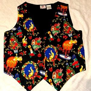 Nutcracker Christmas Holiday Vest Womens Large Mistletoe Holly Bulbs Cotton Fun